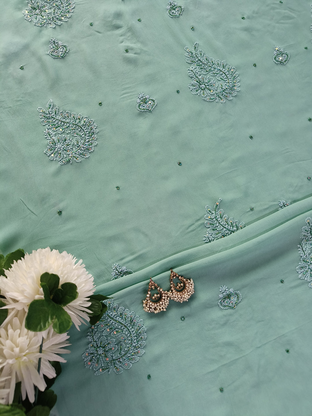 Sea Green Pure Georgette Chikankari Kurta Dupatta Fabric