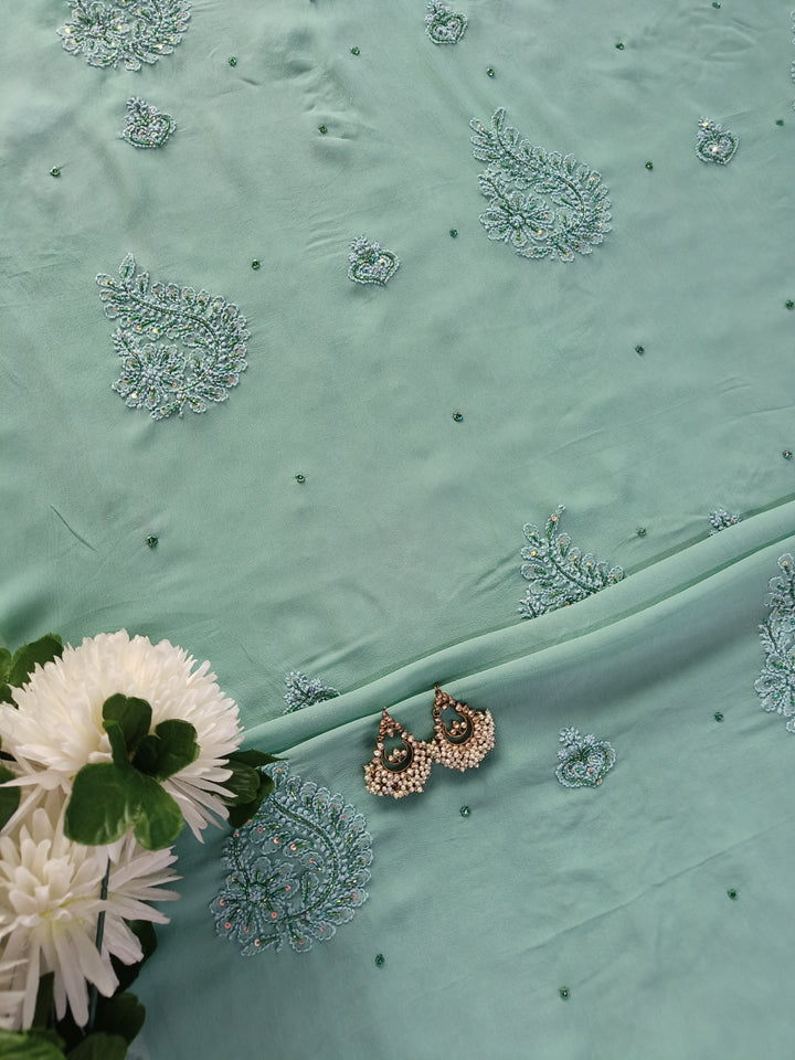 Sea Green Pure Georgette Chikankari Kurta Dupatta Fabric
