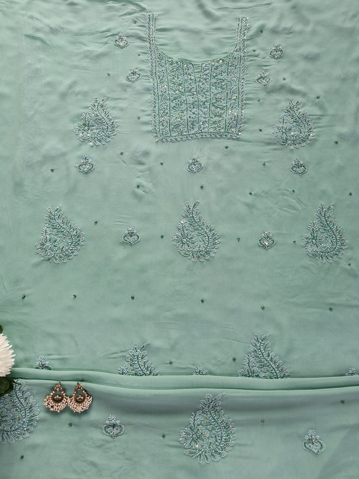 Sea Green Pure Georgette Chikankari Kurta Dupatta Fabric