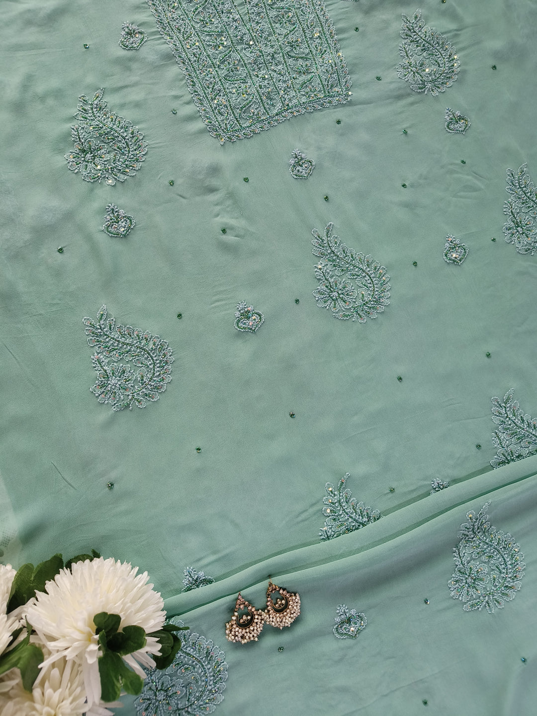 Sea Green Pure Georgette Chikankari Kurta Dupatta Fabric