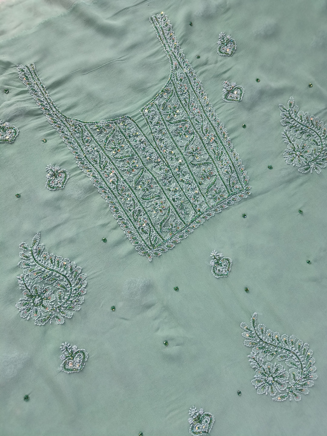 Sea Green Pure Georgette Chikankari Kurta Dupatta Fabric