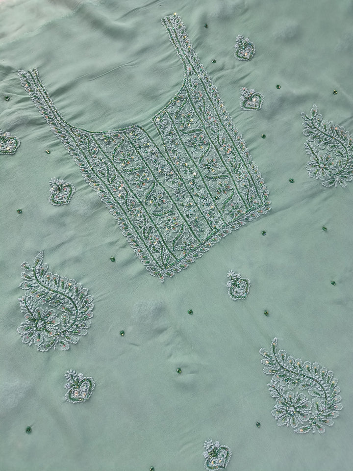 Sea Green Pure Georgette Chikankari Kurta Dupatta Fabric