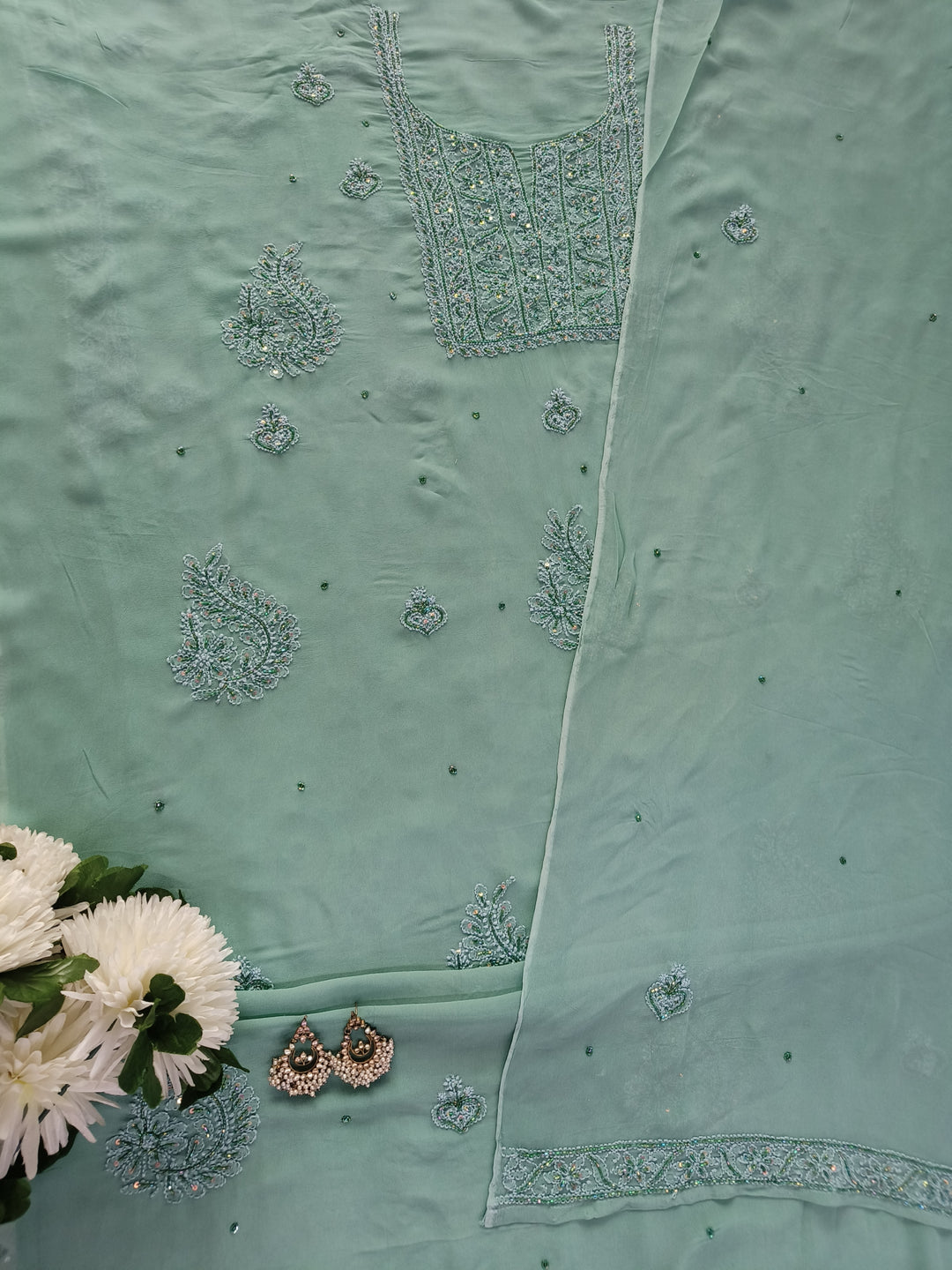 Sea Green Pure Georgette Chikankari Kurta Dupatta Fabric