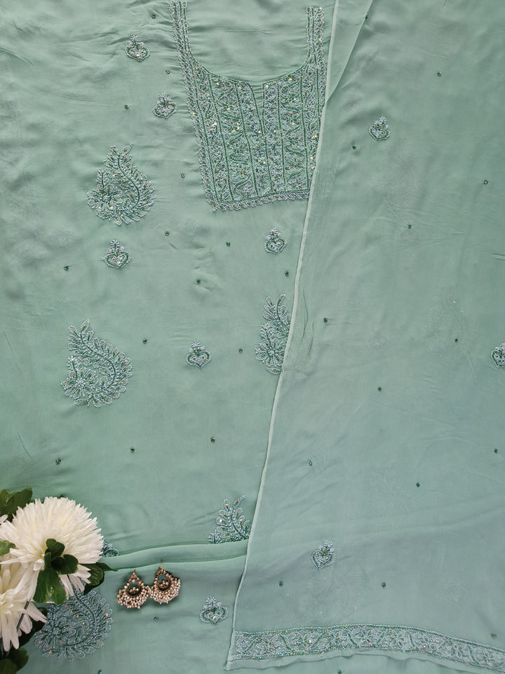 Sea Green Pure Georgette Chikankari Kurta Dupatta Fabric