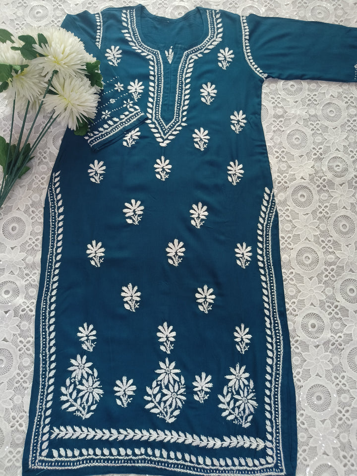 Peacock Blue Rayon Chikankari kurta