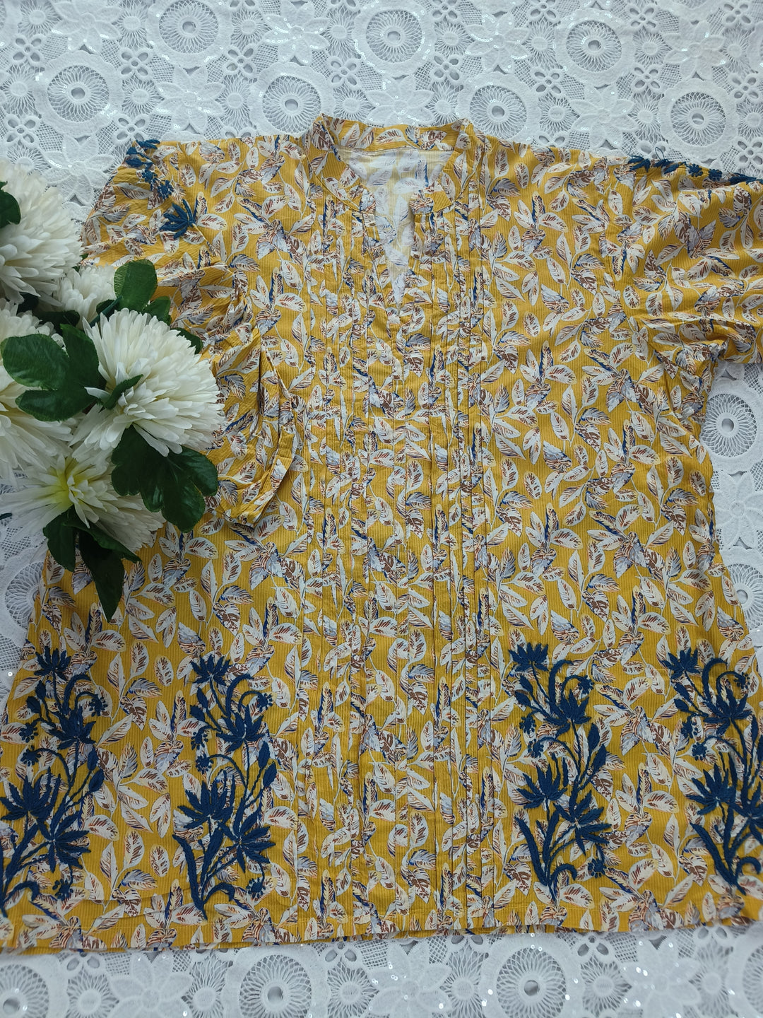 Mustard Printed Cotton Chikankari Short kurta