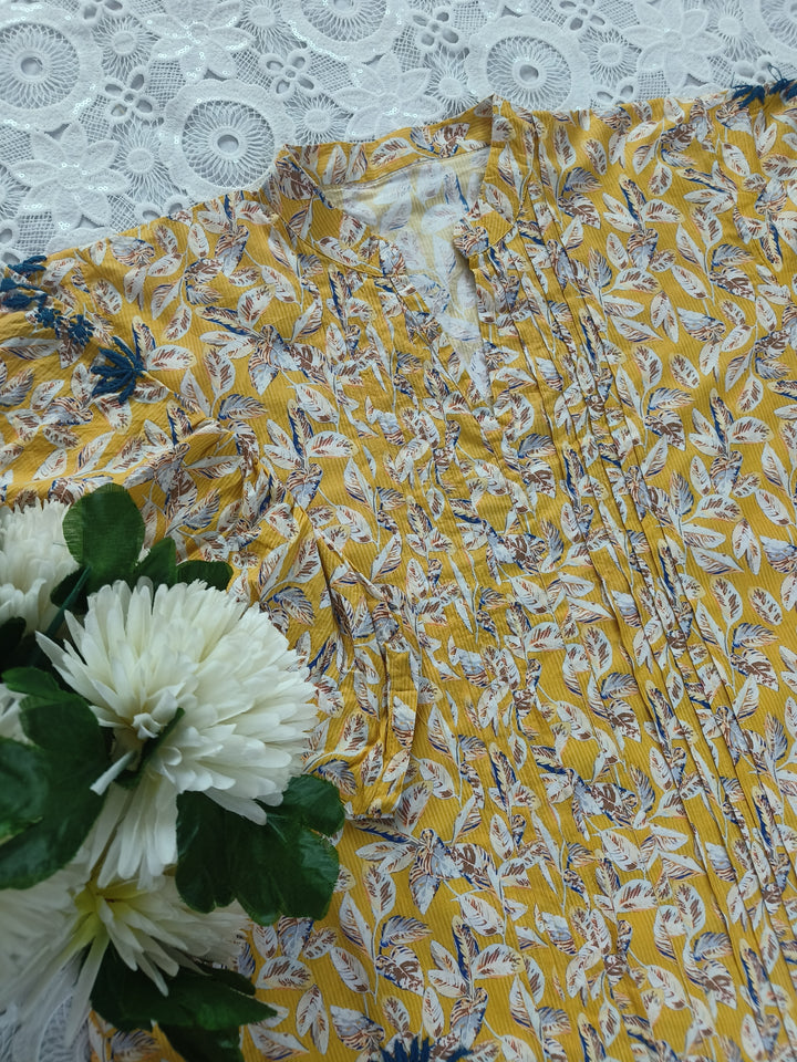 Mustard Printed Cotton Chikankari Short kurta