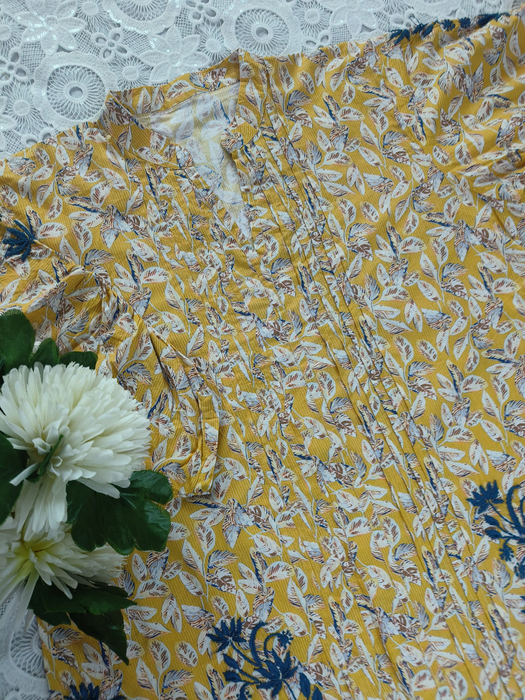Mustard Printed Cotton Chikankari Short kurta