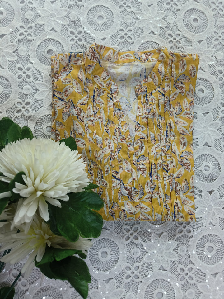 Mustard Printed Cotton Chikankari Short kurta