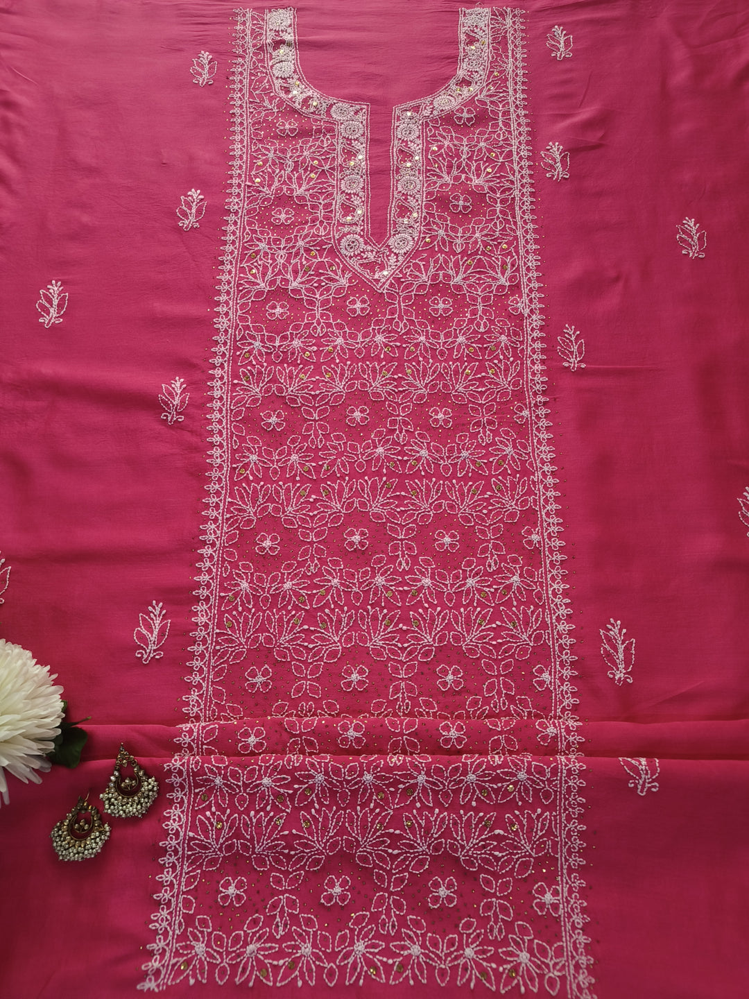 Dark Peach Chanderi Chikankari Suit Fabric