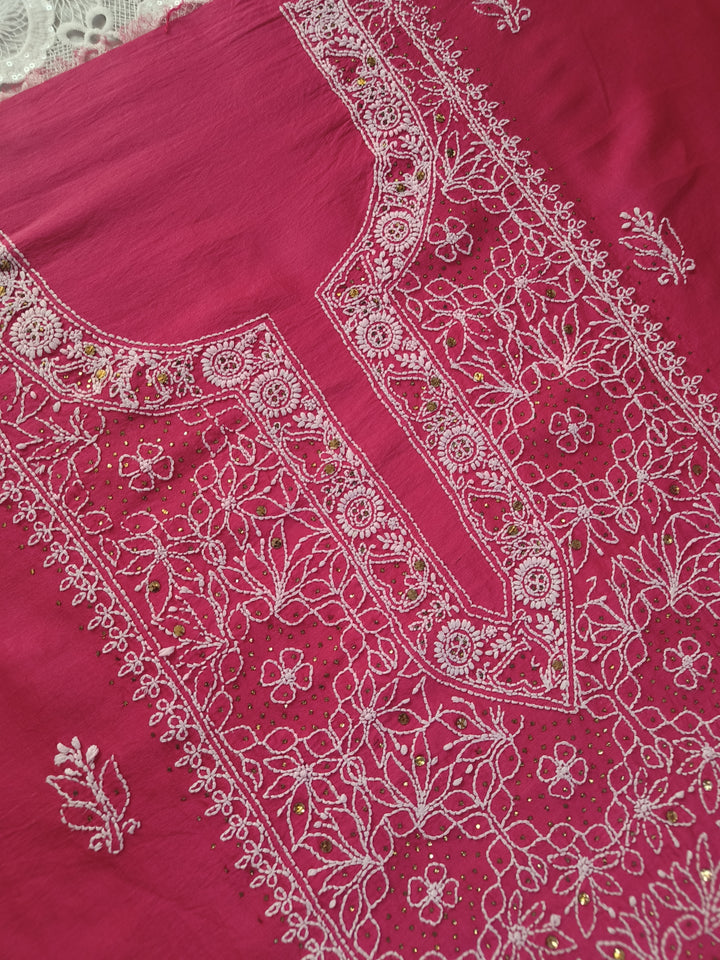 Dark Peach Chanderi Chikankari Suit Fabric