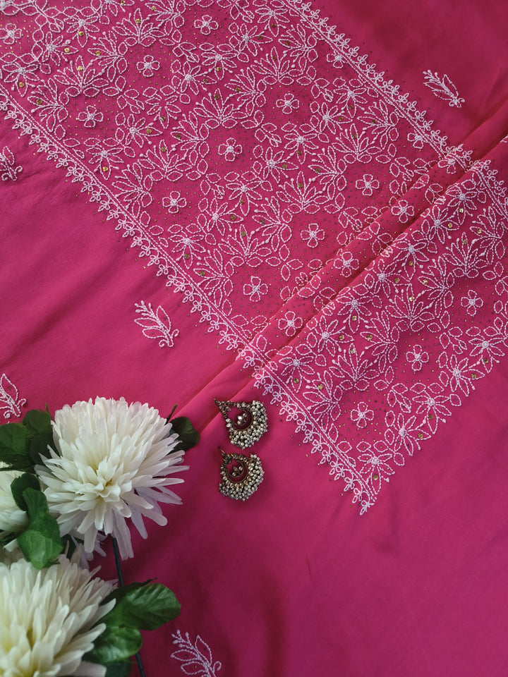 Dark Peach Chanderi Chikankari Suit Fabric