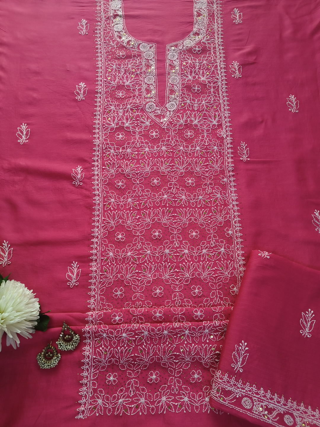 Dark Peach Chanderi Chikankari Suit Fabric