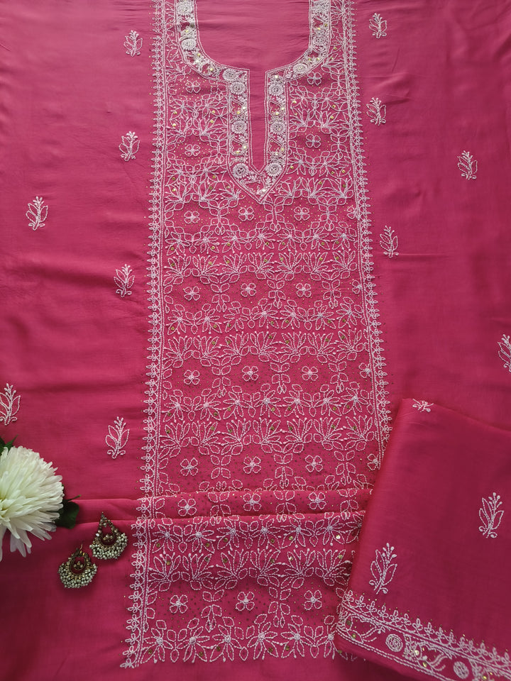Dark Peach Chanderi Chikankari Suit Fabric
