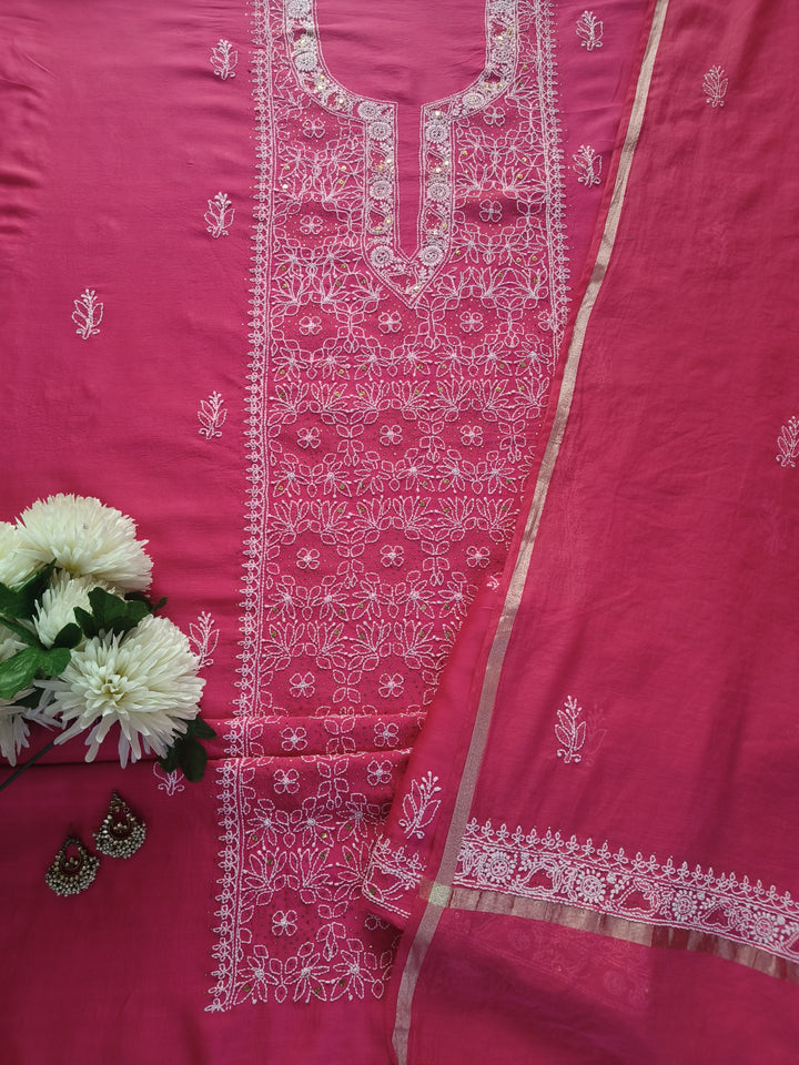 Dark Peach Chanderi Chikankari Suit Fabric