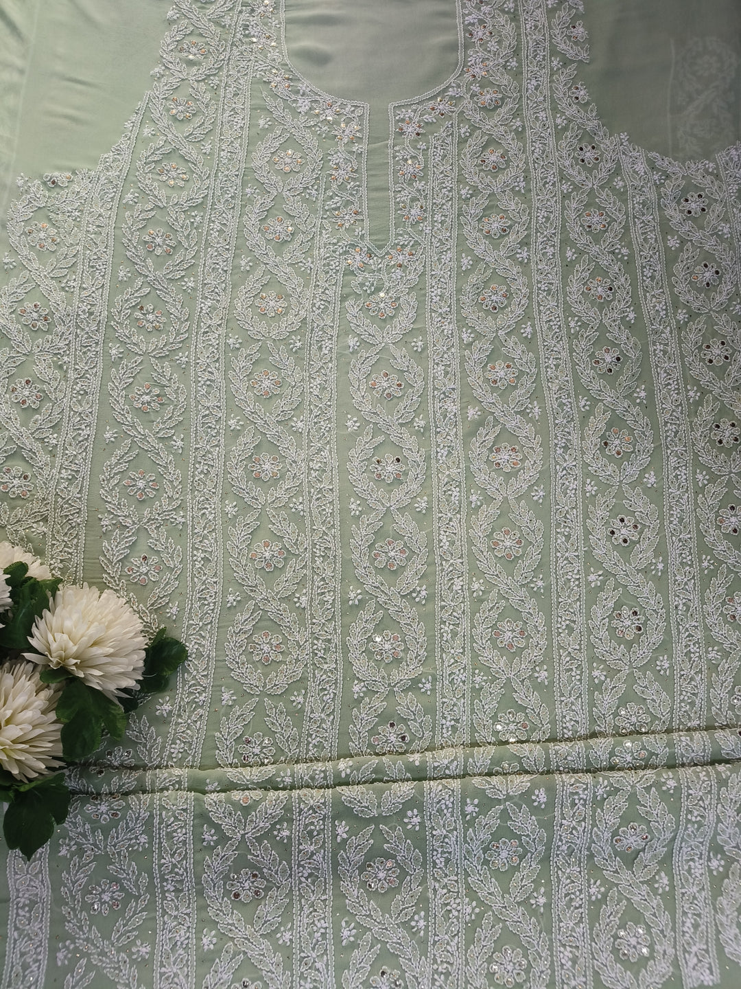Light Green Pure Georgette Chikankari kurta dupatta Fabric