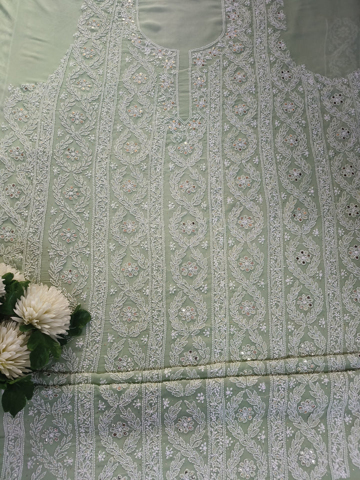 Light Green Pure Georgette Chikankari kurta dupatta Fabric