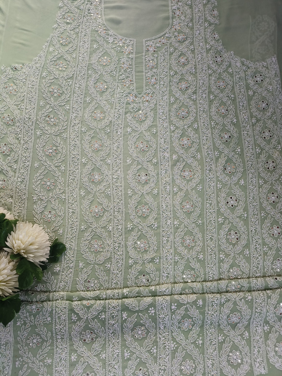 Light Green Pure Georgette Chikankari kurta dupatta Fabric