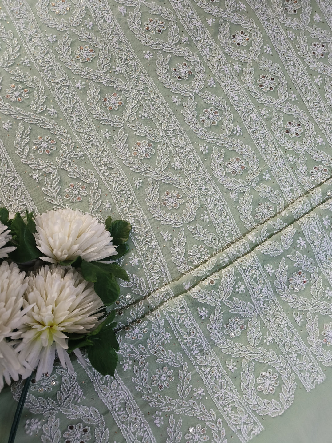 Light Green Pure Georgette Chikankari kurta dupatta Fabric