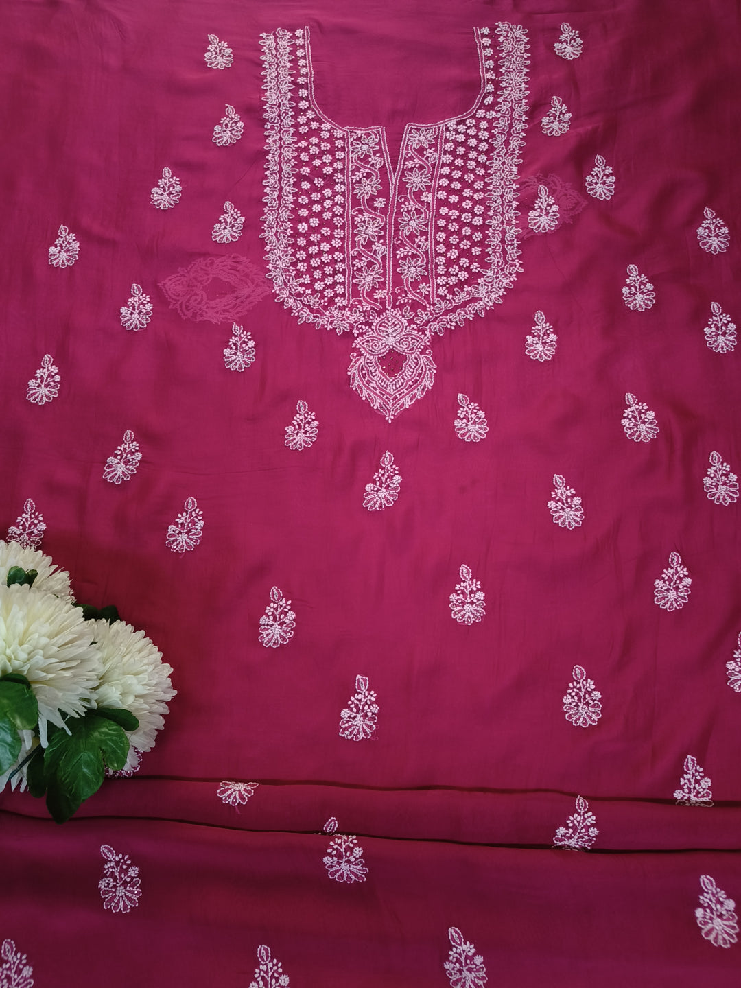 Rani Pink Organza Chikankari Kurta Dupatta Fabric