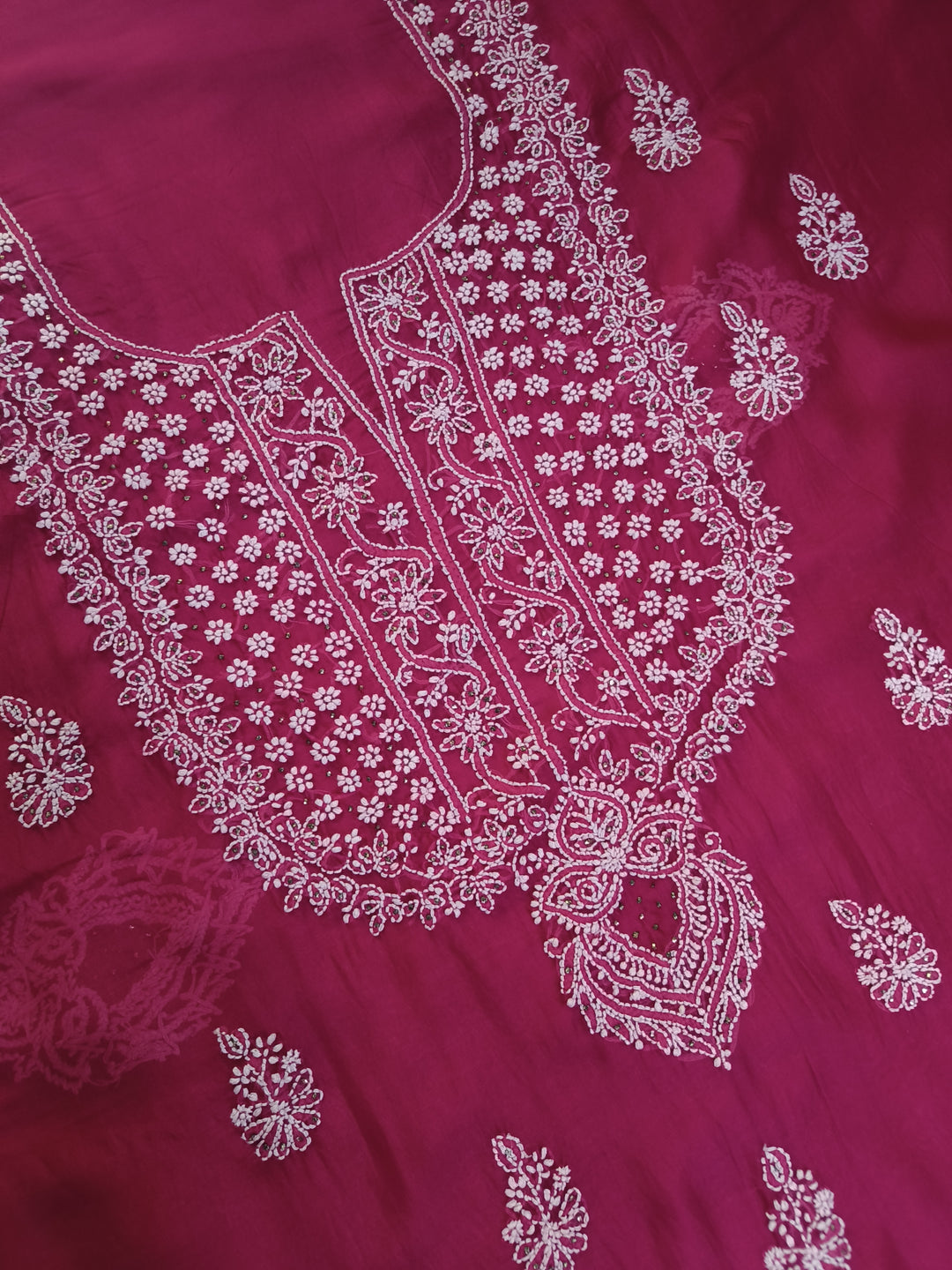 Rani Pink Organza Chikankari Kurta Dupatta Fabric