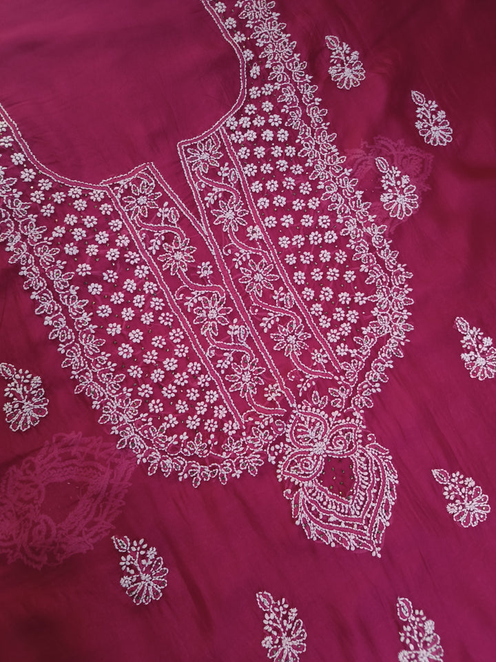 Rani Pink Organza Chikankari Kurta Dupatta Fabric