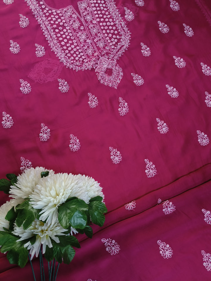 Rani Pink Organza Chikankari Kurta Dupatta Fabric