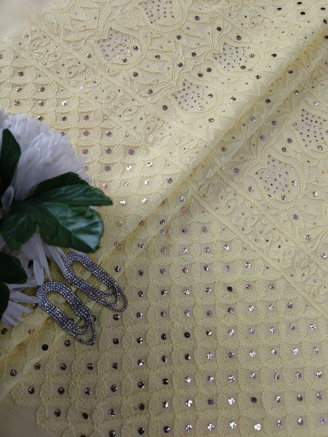 Yellow Pure Georgette Chikankari kurta dupatta Fabric
