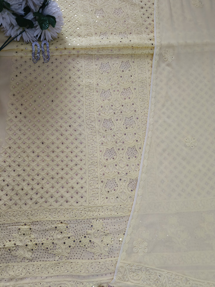 Yellow Pure Georgette Chikankari kurta dupatta Fabric
