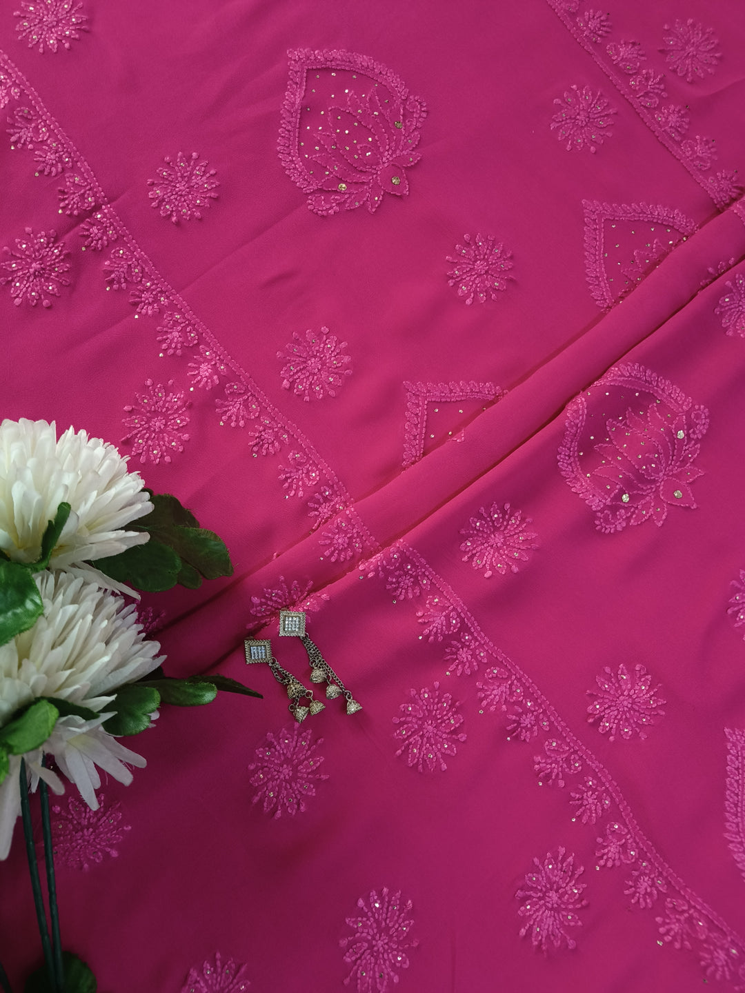 Rani Pink Pure Georgette Chikankari kurta dupatta Fabric