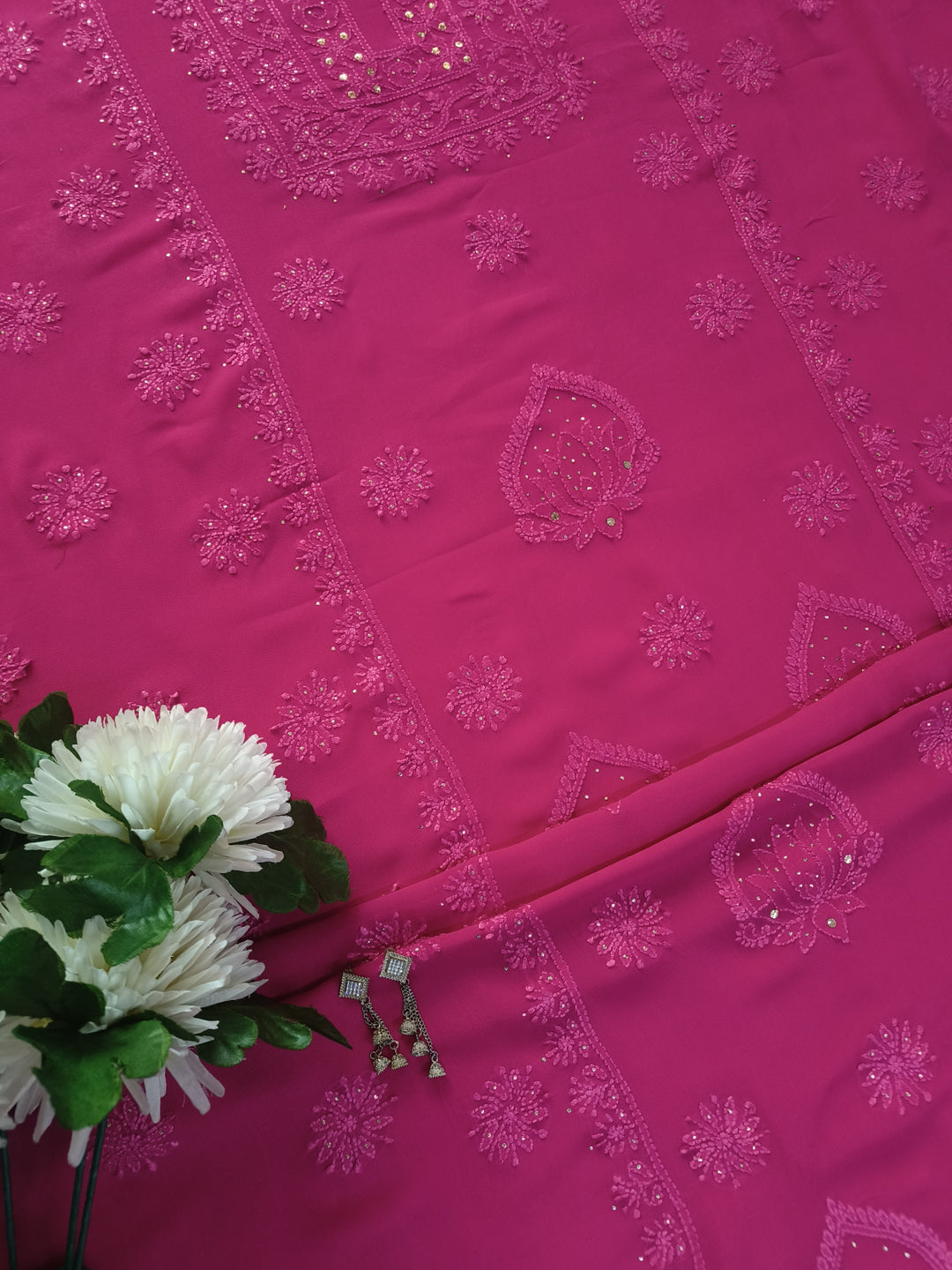 Rani Pink Pure Georgette Chikankari kurta dupatta Fabric