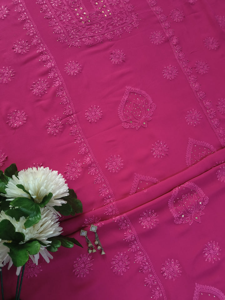 Rani Pink Pure Georgette Chikankari kurta dupatta Fabric