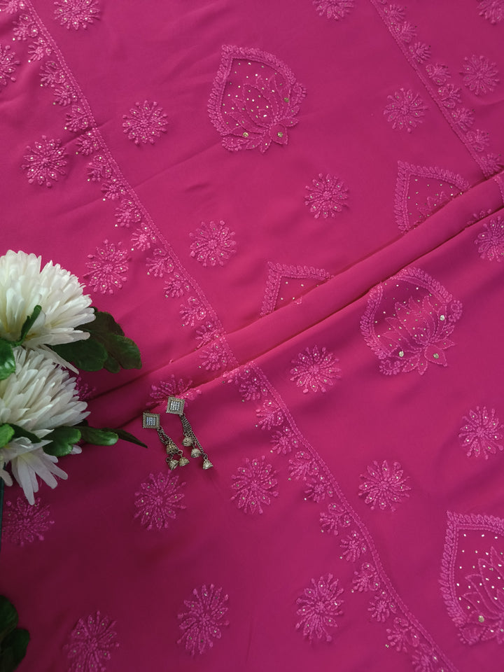 Rani Pink Pure Georgette Chikankari kurta dupatta Fabric
