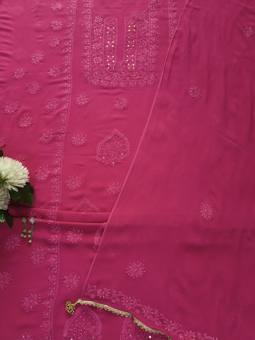 Rani Pink Pure Georgette Chikankari kurta dupatta Fabric