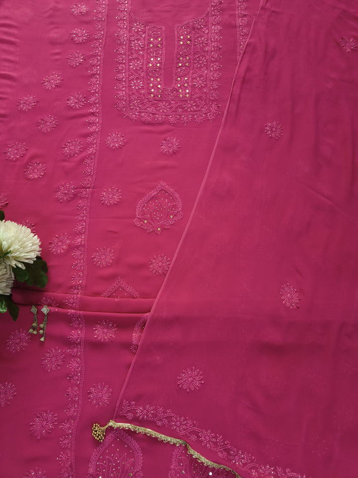 Rani Pink Pure Georgette Chikankari kurta dupatta Fabric