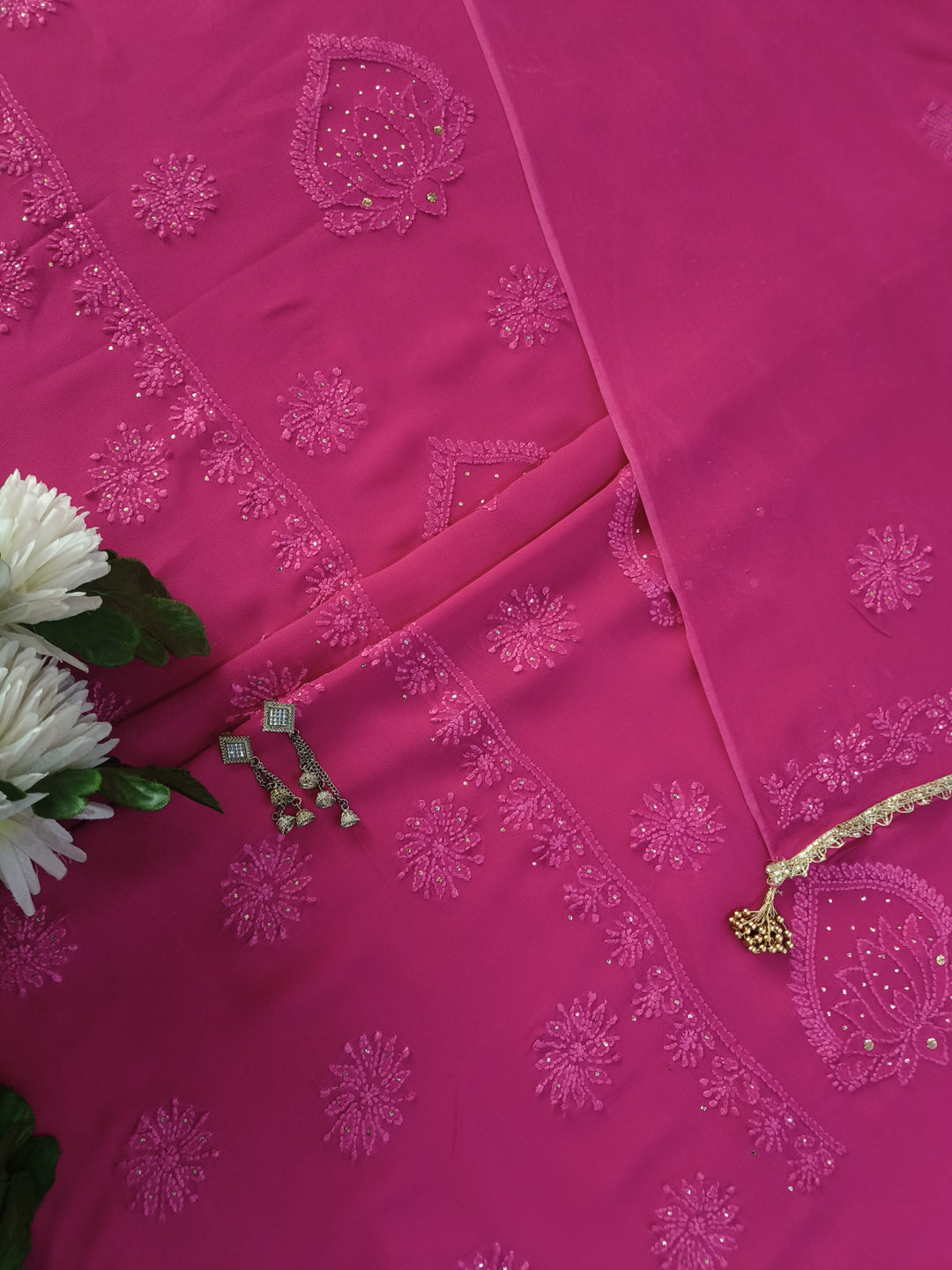 Rani Pink Pure Georgette Chikankari kurta dupatta Fabric