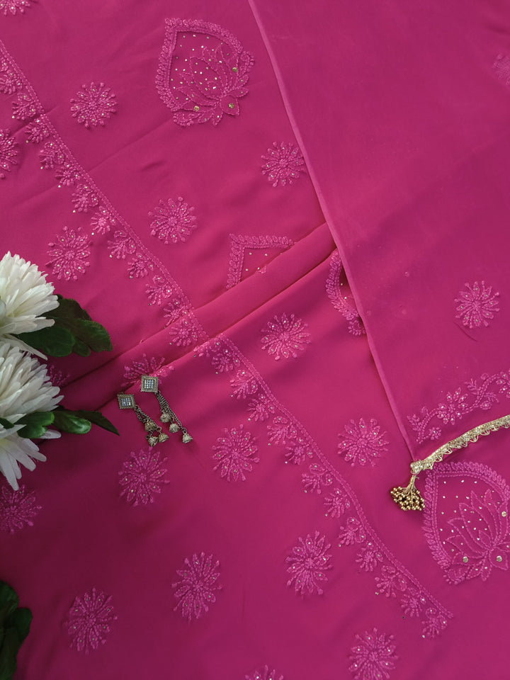 Rani Pink Pure Georgette Chikankari kurta dupatta Fabric