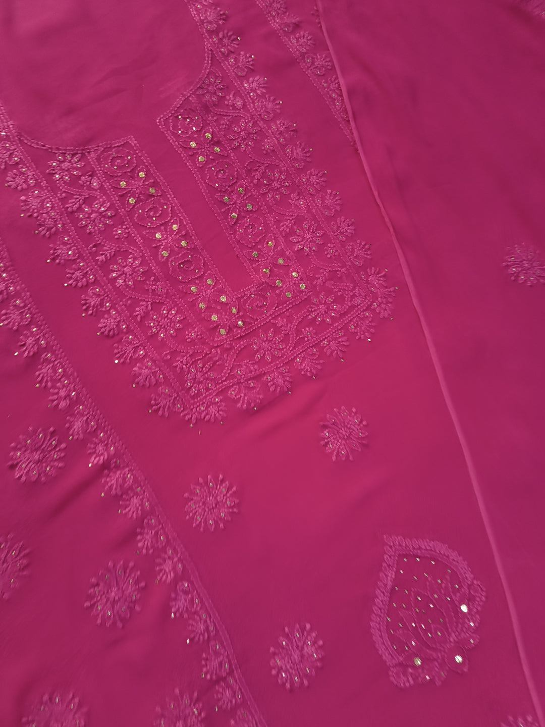 Rani Pink Pure Georgette Chikankari kurta dupatta Fabric