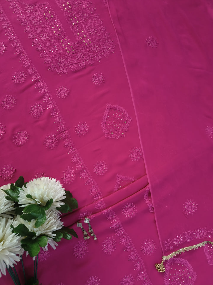 Rani Pink Pure Georgette Chikankari kurta dupatta Fabric