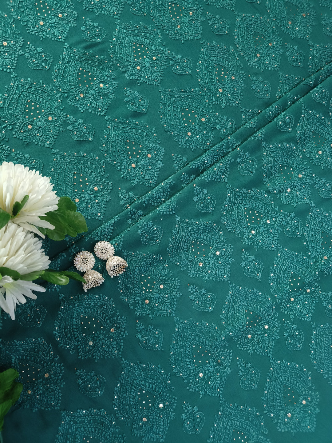 Dark Green Pure Georgette Chikankari kurta dupatta Fabric