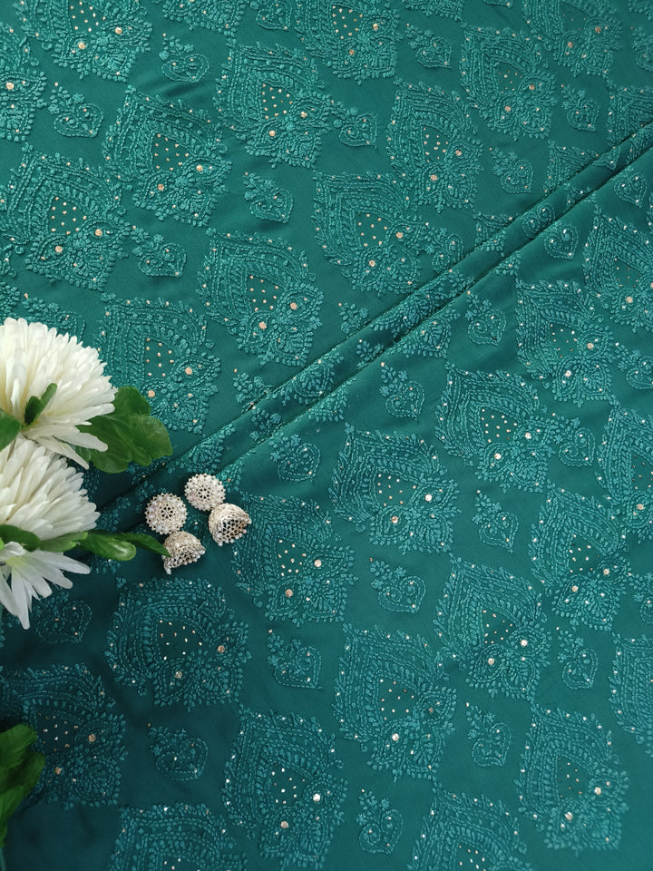 Dark Green Pure Georgette Chikankari kurta dupatta Fabric