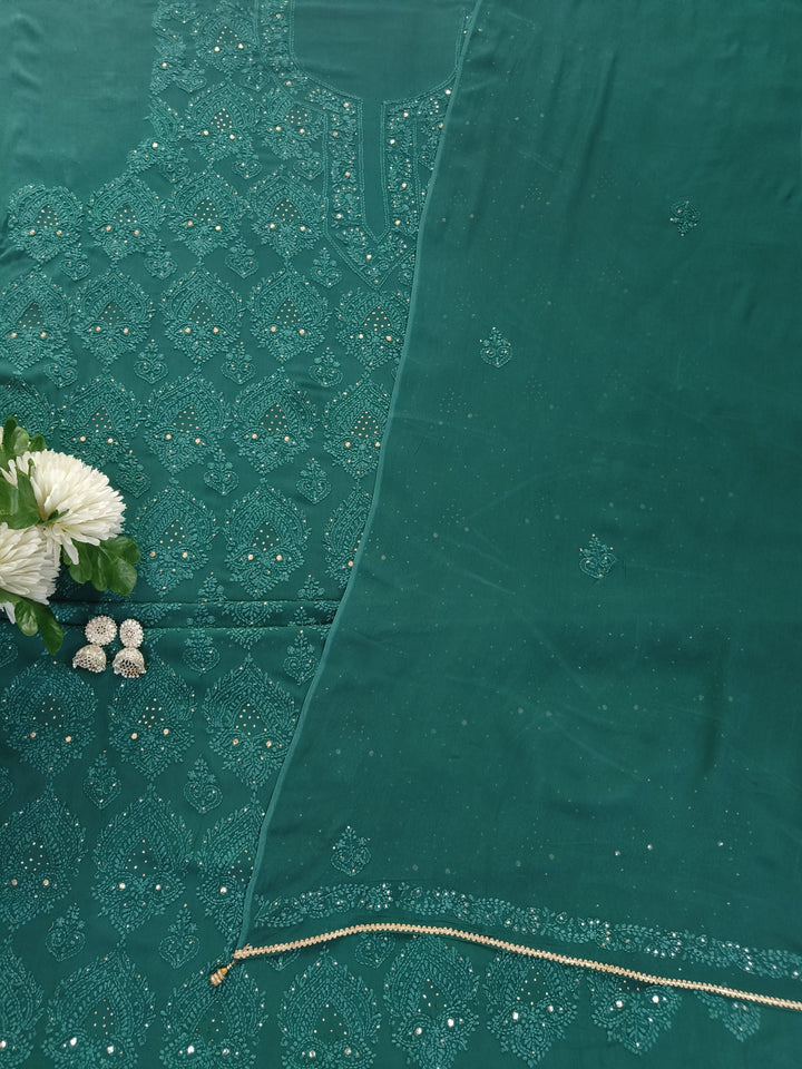 Dark Green Pure Georgette Chikankari kurta dupatta Fabric