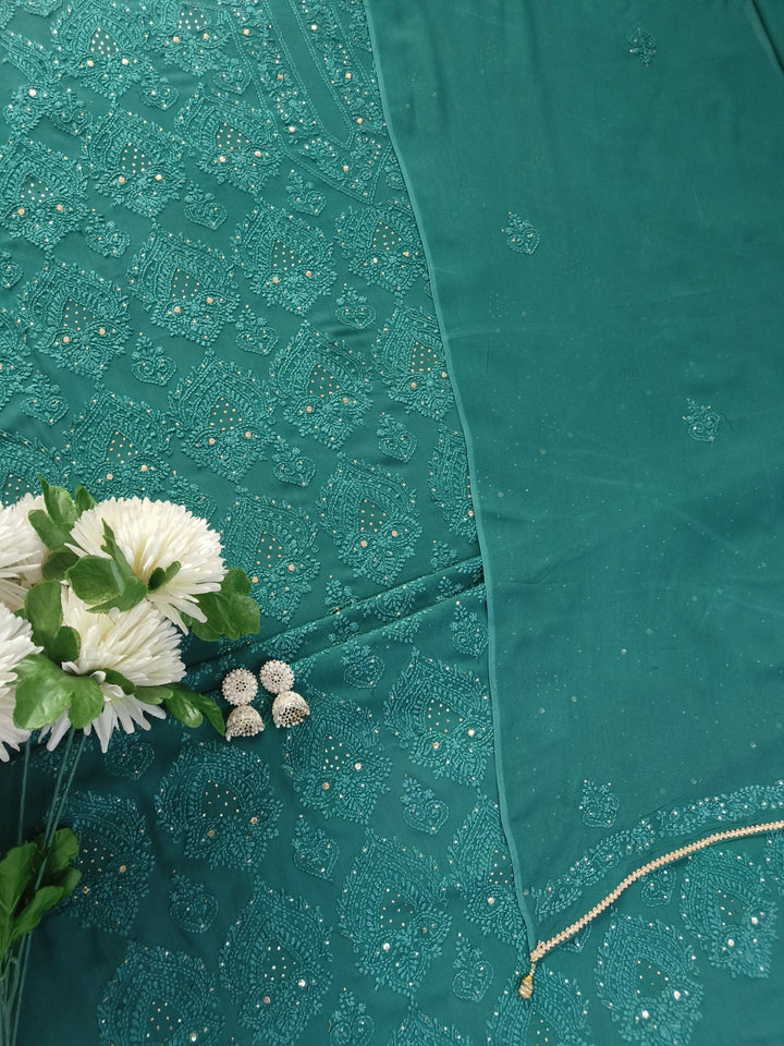 Dark Green Pure Georgette Chikankari kurta dupatta Fabric