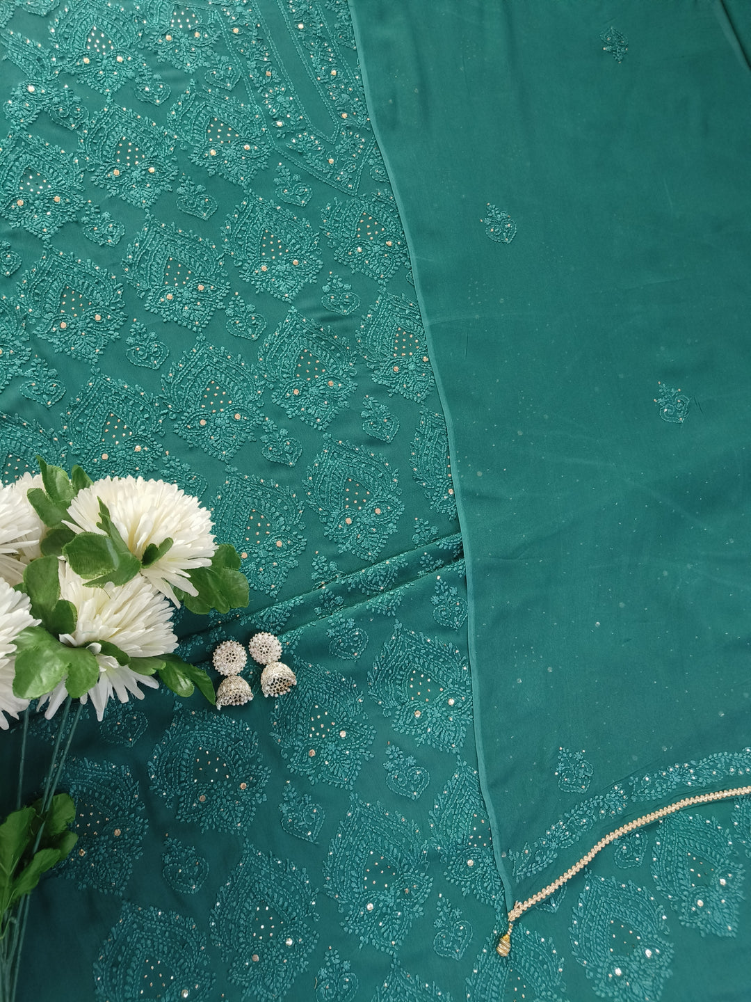 Dark Green Pure Georgette Chikankari kurta dupatta Fabric