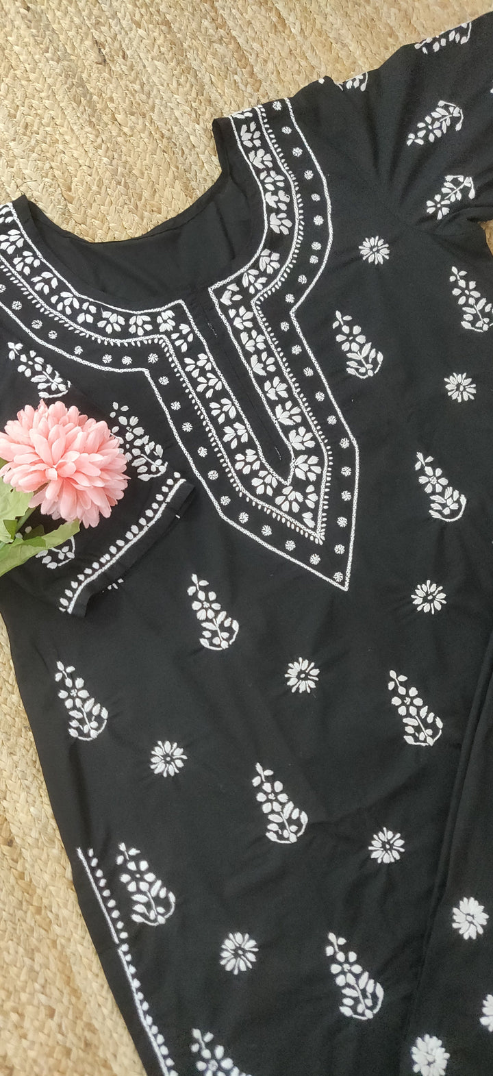 Black Rayon Chikankari Kurta Pant Set