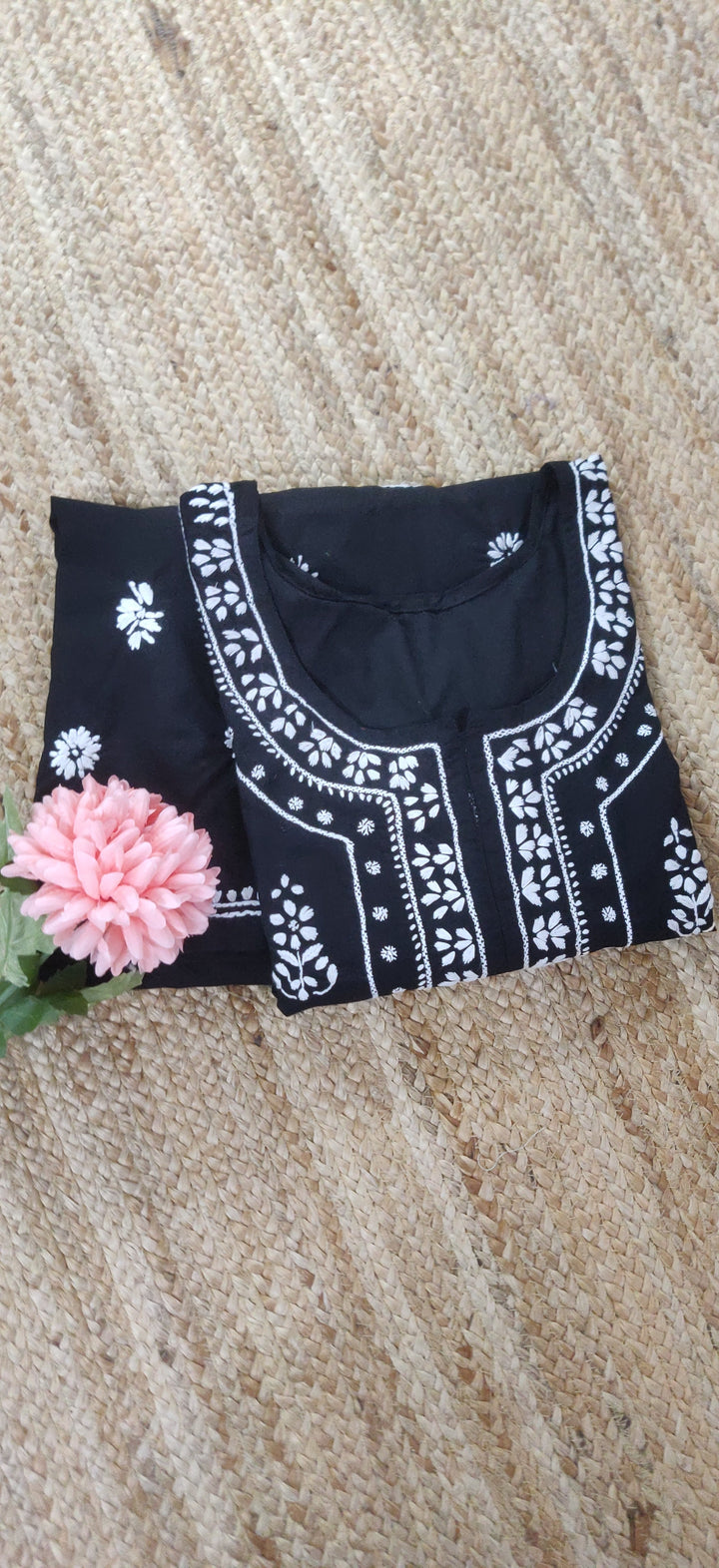 Black Rayon Chikankari Kurta With Pant Set - Custom Made