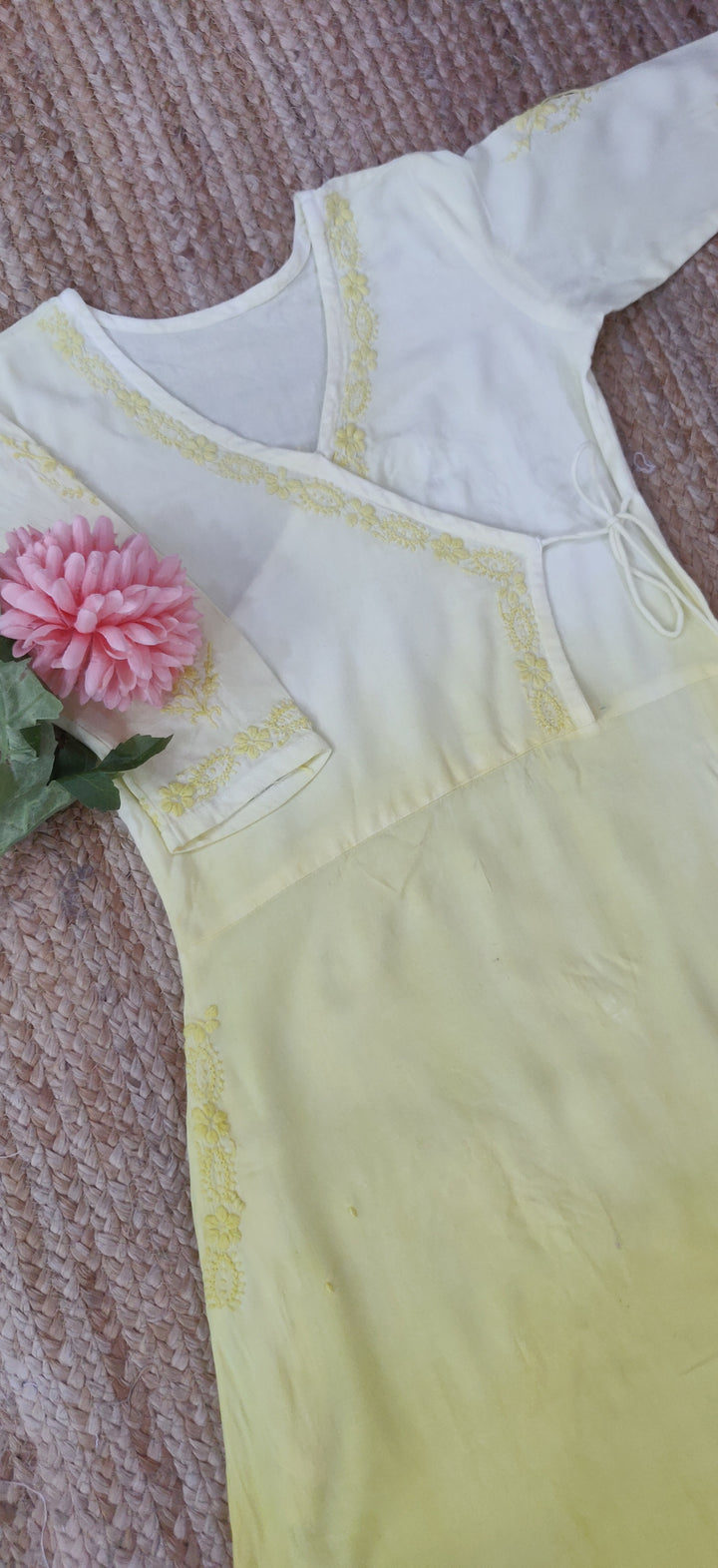White and Yellow Modal  Angrakha Chikankari Kurta-Custom Made