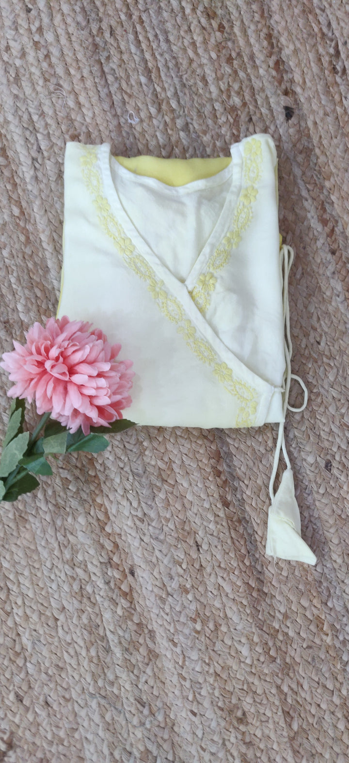 White and Yellow Modal  Angrakha Chikankari Kurta-Custom Made
