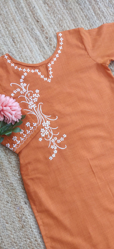 Linen Cotton Orange Chikankari Co-Ord Set