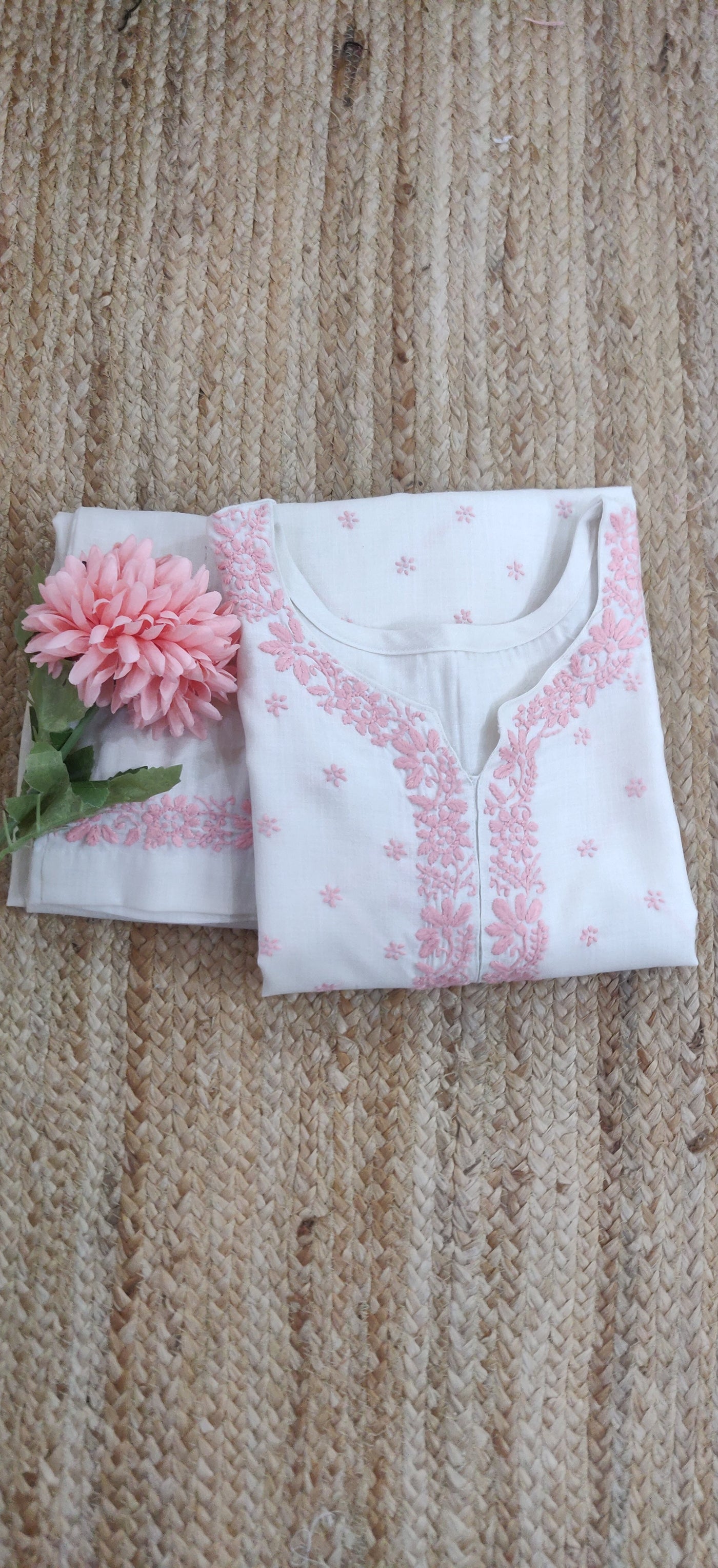 Linen Cotton Off White Chikankari Co-Ord Set